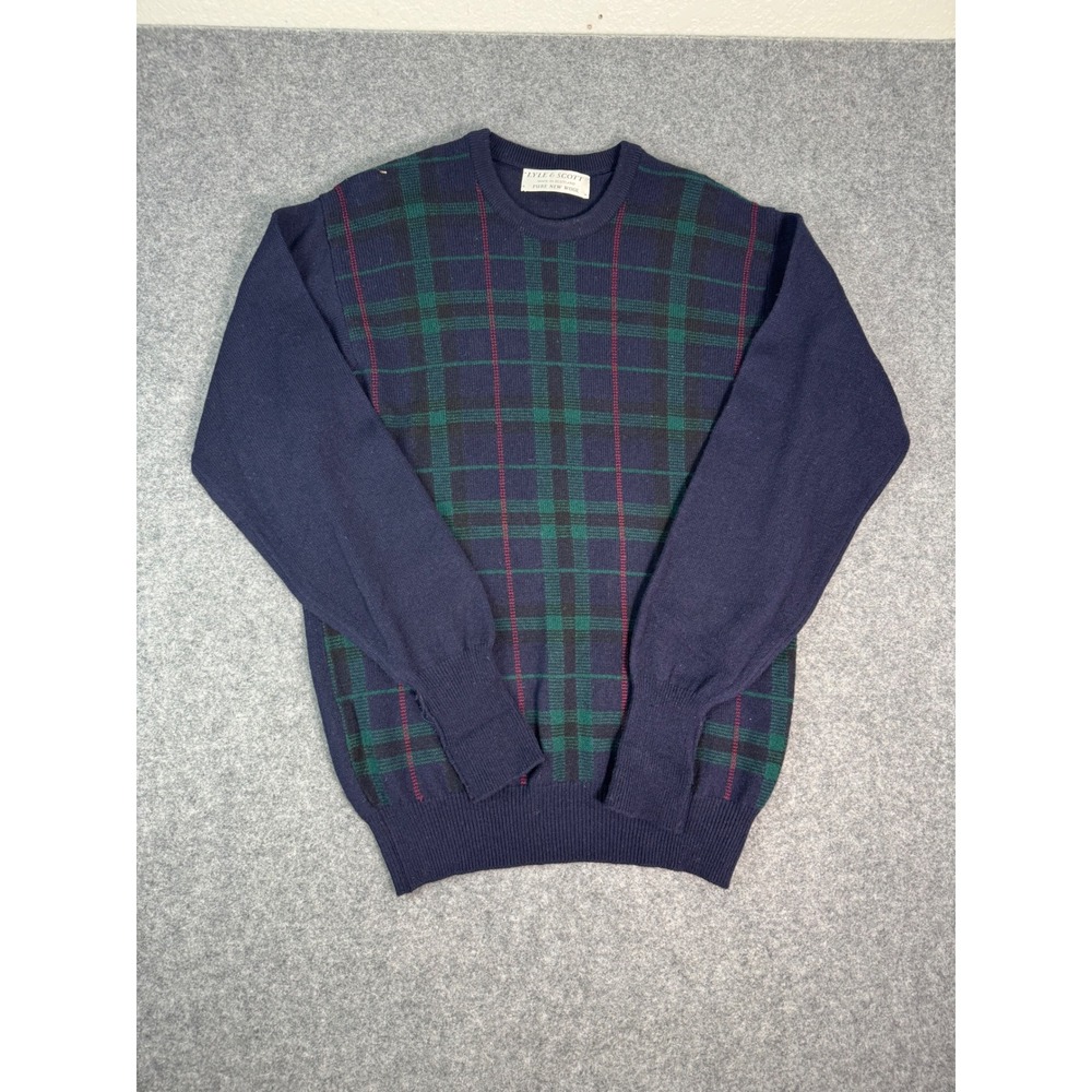 Lyle & Scott Mens Pure New Wool Plaid Crewneck Sweater Navy Blue Made Scotland L
